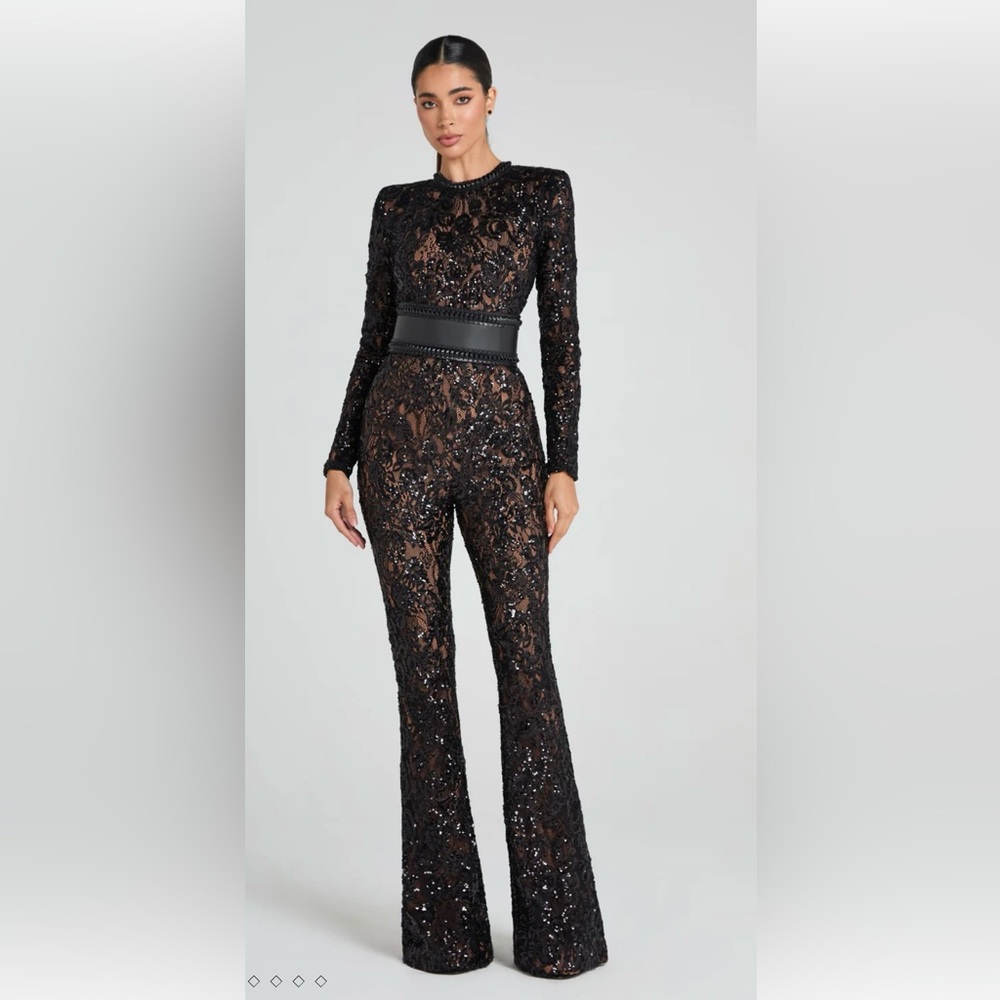 NADINE MERABI Black Sequin Lace Long-Sleeve Jumpsuit